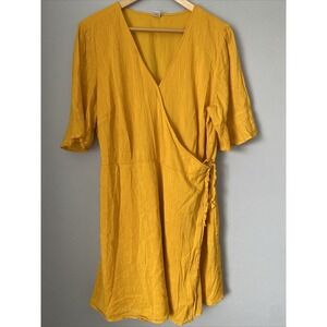 Old Navy True Wrap Textured Mini Dress XL Womens V Neck Short Bell Sleeve Yellow